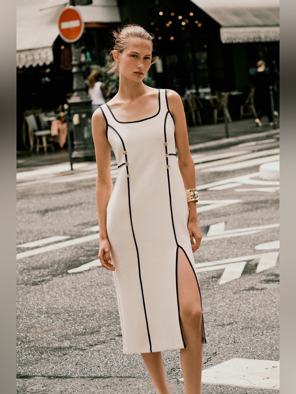 ZARA Cream Midi Dress with Black Piping & Gold Button Detail. L NWT